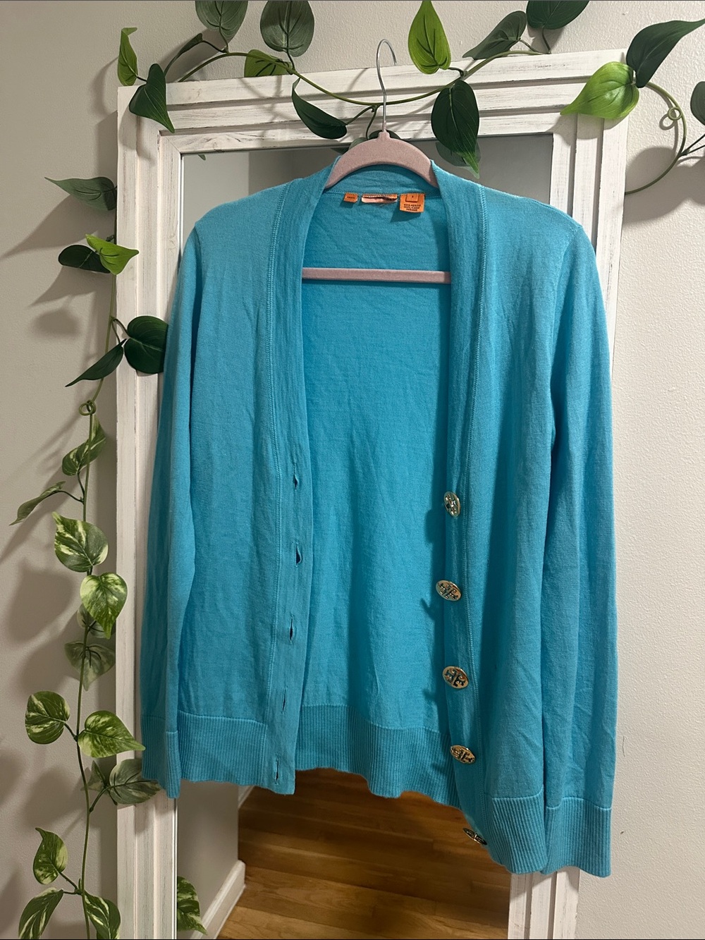 Tory Burch Turquoise Blue Button-Front Merino Wool Cardigan